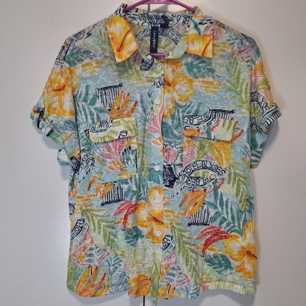 Casey Key Womens Tropical Island Button Up Short Sleeve Top  XL